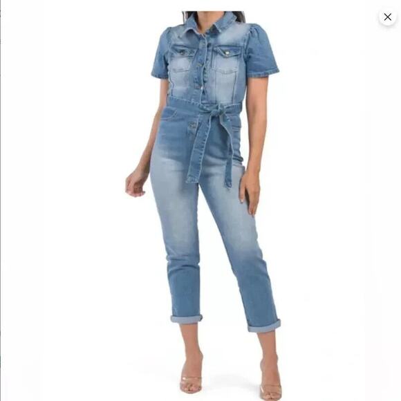 Anthropologie Avec Les Filles Jumpsuit Size 28 Blue Denim Button Up Belted - Picture 1 of 12